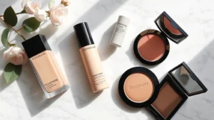 Overhead flat lay of Dieverune cosmetics products including foundation bottle, concealer, bronzer compact, and eyeshadow palette arranged artfully on marble surface with natural window lighting