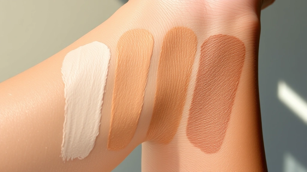 Close-up of diverse skin tones swatching Dieverune foundation and bronzer on forearms, showing color payoff and blendability in natural daylight