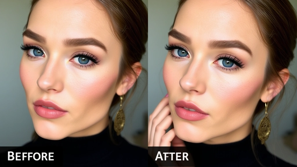 Before and after makeup application featuring Dieverune cosmetics on model with combination skin, emphasizing foundation wear, concealer under eyes, and bronzer placement