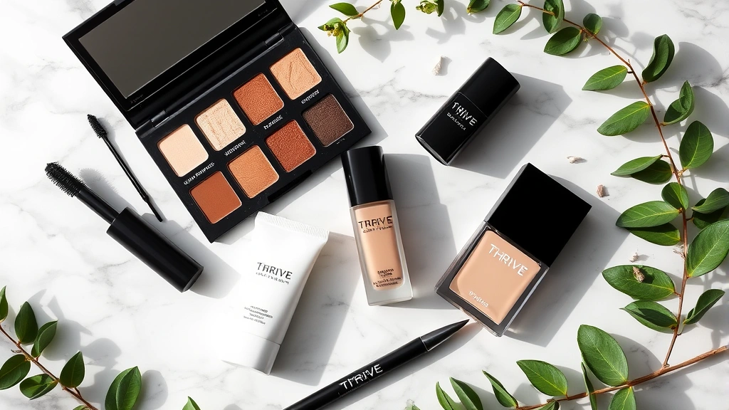 Flat lay arrangement of various Thrive cosmetic products including mascara, eyeshadow palette, foundation, and eyeliner on a marble surface with fresh green botanicals and soft natural shadows