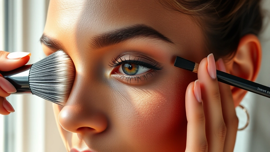 Woman with diverse skin tone applying Thrive eyeshadow with a professional brush, showing the pigmentation and blendability of the formula, natural window lighting, close-up of eye area