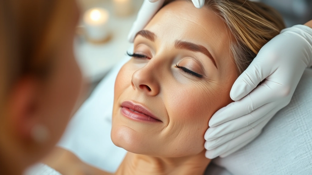 Mature woman with luminous, well-hydrated skin receiving professional facial treatment, serums and moisturizers visible, spa setting with soft lighting