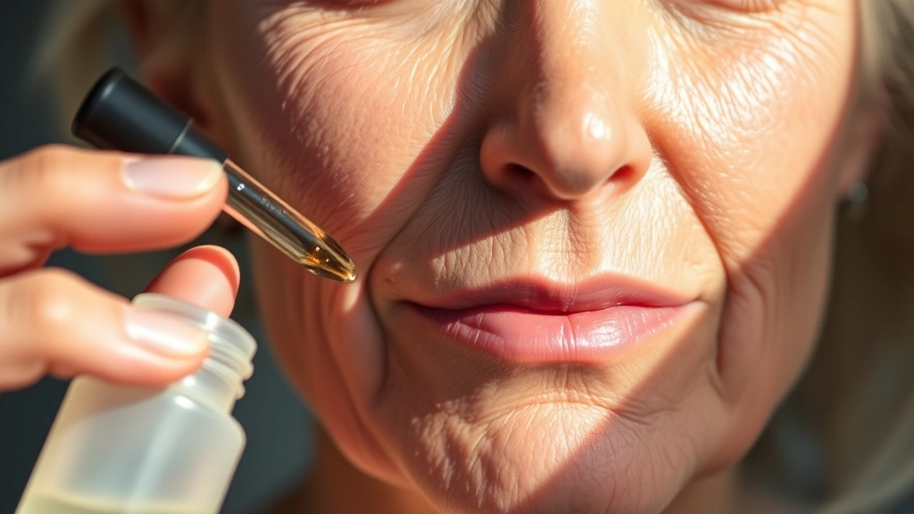 Close-up of mature woman's glowing complexion with visible skin texture, applying hyaluronic acid serum with dropper, natural sunlight highlighting healthy skin