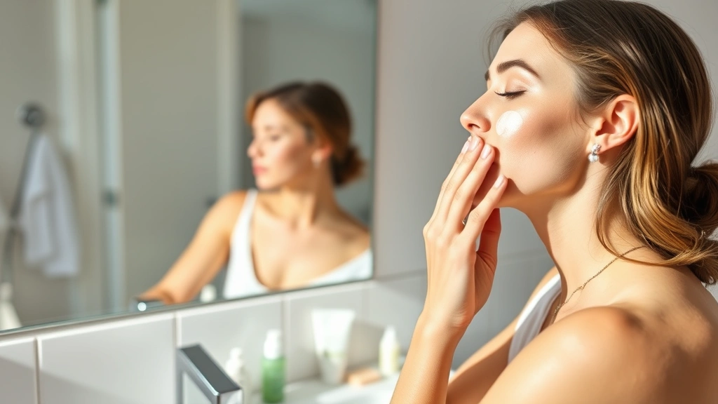 Woman in bathroom applying sunscreen to face and neck, morning skincare routine, bright natural lighting, skincare products on vanity, emphasizing sun protection