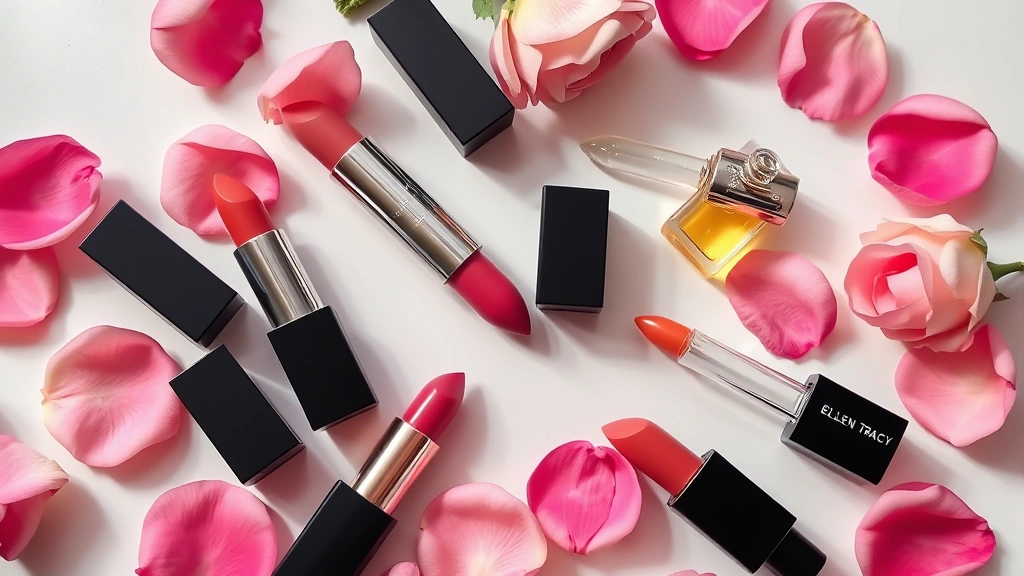 Beauty flat lay featuring Ellen Tracy lipstick tubes in various shades arranged artistically with fresh rose petals and glass droppers containing oils, soft natural lighting