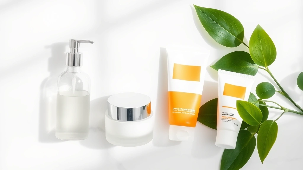 Minimalist skincare routine display with four essential products: glass cleanser bottle, ceramic toner vessel, cream moisturizer jar, and sunscreen tube arranged on white marble surface with soft natural lighting and fresh green plant leaves