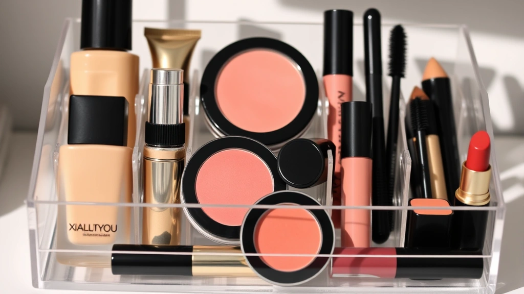 Organized makeup collection featuring foundation, concealer, blush, mascara, and lip color in neutral tones arranged in a clear acrylic organizer with professional lighting and subtle shadow definition