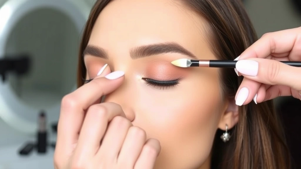 Beauty professional applying cream eyeshine cosmetic to model's eyelid with precision brush, demonstrating proper application technique with visible color payoff and blending
