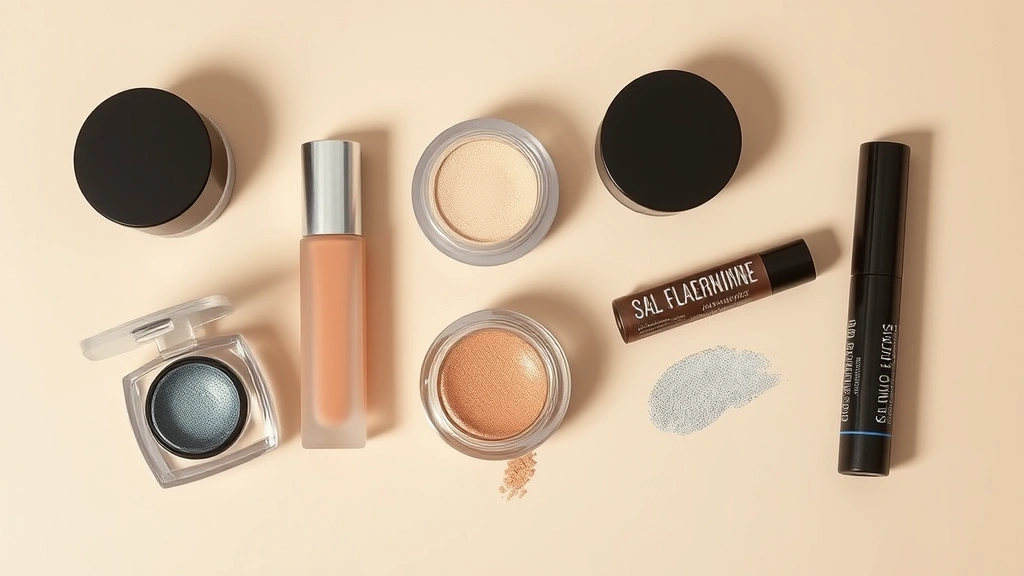 Flatlay arrangement of five premium eyeshine products in various formats—cream, liquid, powder, stick, and hybrid—displaying different finishes from matte to holographic on neutral background