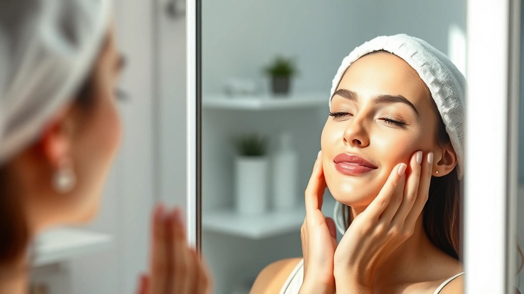 Diverse woman examining her skin in a mirror after receiving non-invasive cosmetic treatment, natural lighting, peaceful expression, clinic environment background
