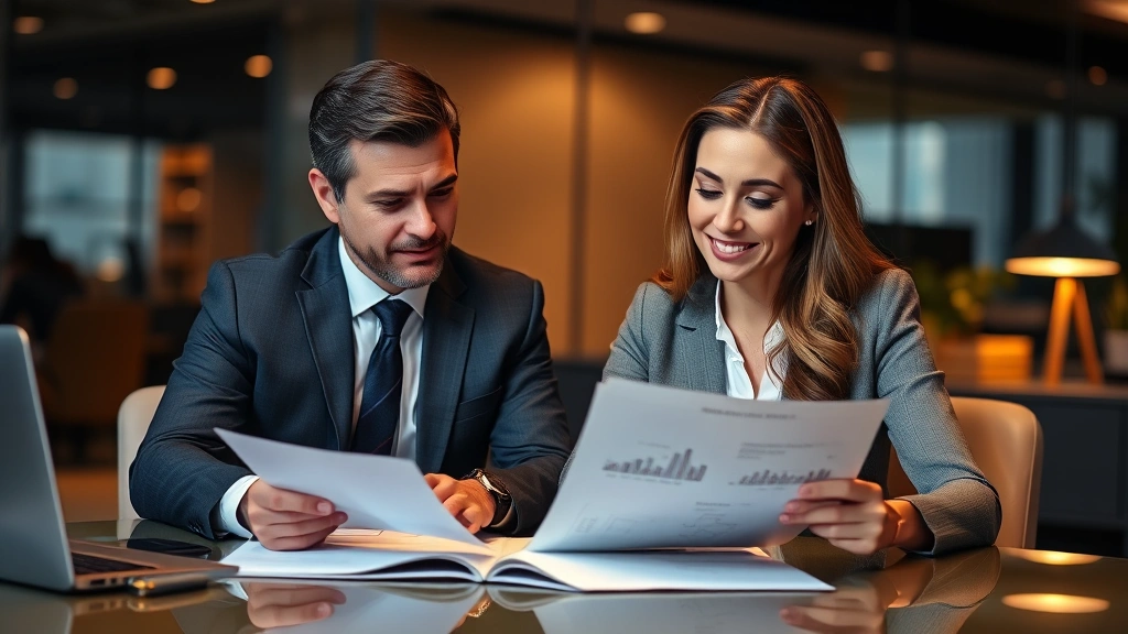 Professional financial advisor and female client reviewing financing documents at modern office desk, warm lighting, serious but optimistic expressions, no visible text on papers