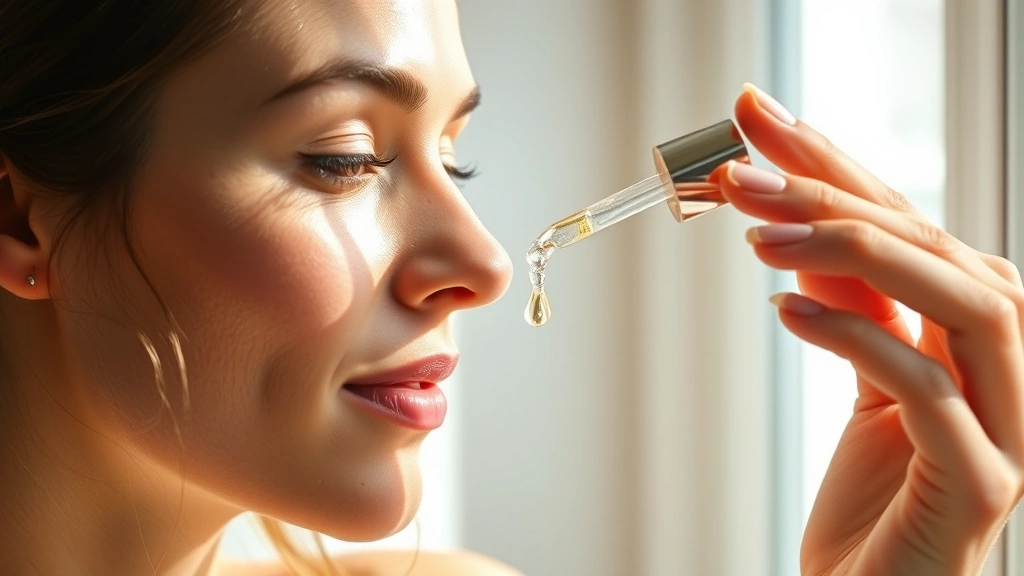 Woman applying hydrating serum from dropper bottle to face, glowing skin, morning skincare routine, natural sunlight from window, serene spa-like setting, close-up shot showing product texture and skin radiance