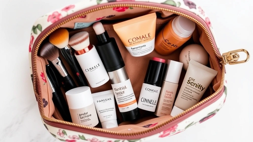 Overhead view of floral patterned cosmetic bag with travel-size skincare essentials, makeup brushes, lip products, and sunscreen arranged in organized compartments, warm neutral tones, lifestyle beauty photography