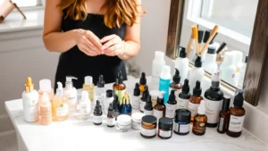 Beauty enthusiast organizing and arranging multiple skincare sample bottles and jars on a white marble vanity, showing diverse product types including serums, moisturizers, and treatments with natural window lighting