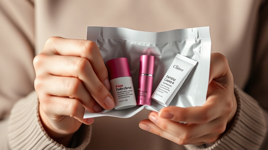 Close-up of hands opening a sealed sample package containing miniature cosmetic products, showing professional packaging and product integrity with soft studio lighting against neutral background