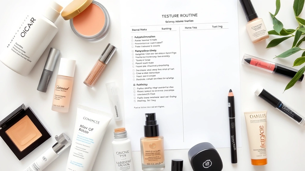 Flat lay composition of various cosmetic samples including skincare, foundation, and specialty products arranged artfully with a skincare routine checklist and testing notes, photographed from above with natural lighting