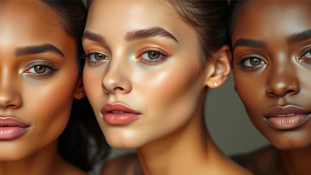 Diverse skin tones displaying swatches of liquid foundation in various shades, showing color accuracy and blendability on different undertones, natural daylight, close-up detail photography