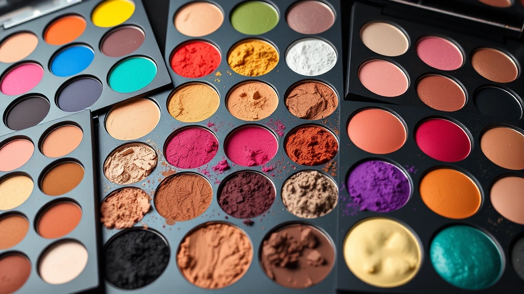 Array of colorful eyeshadow palettes and individual shadows arranged by color family, displaying vibrant pigmentation and shimmer effects, professional product photography with soft lighting