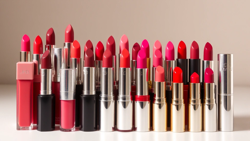 Lipstick collection in assorted finishes and shades arranged in gradient formation, showcasing liquid lipsticks, traditional bullets, tints, and glosses, studio lighting with neutral background
