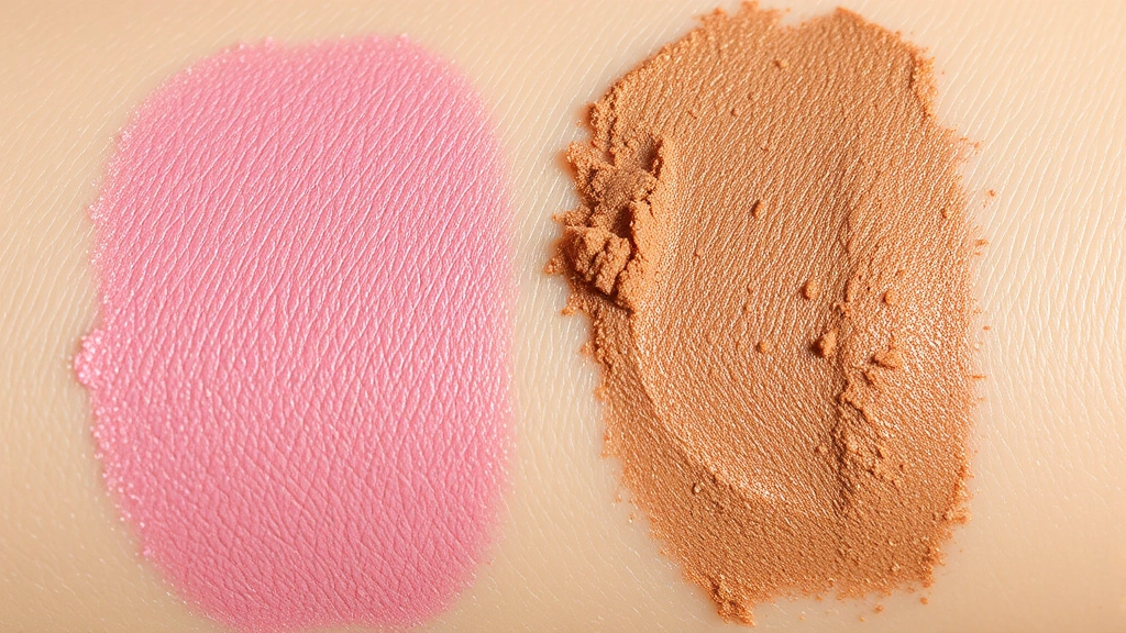 Close-up of swatched Girlcult blush and bronzer powders on medium skin tone, showing pigmentation and blend, natural daylight, soft shadows, cosmetic swatch focus