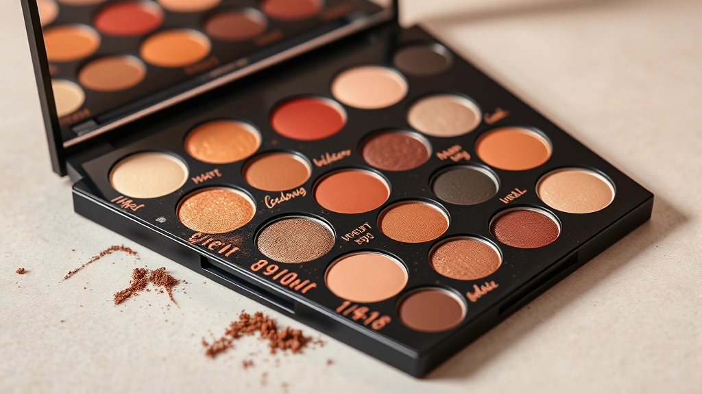 Girlcult eyeshadow palette swatches showing multiple shades from matte to shimmer finishes, arranged artistically on neutral surface, professional beauty photography