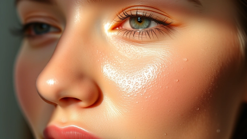 Close-up of luminous, dewy skin with water droplets, showing natural radiance and healthy glow on cheekbones and forehead, soft diffused lighting, no makeup visible