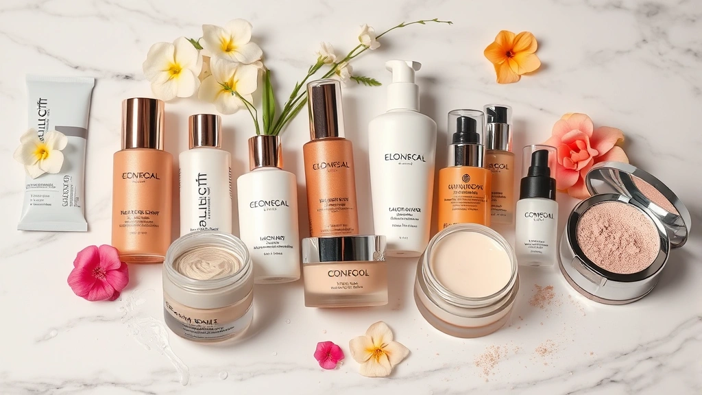 Array of glow cosmetic products including liquid highlighters, cream formulations, and powder products arranged on white marble with fresh botanicals and water splashes