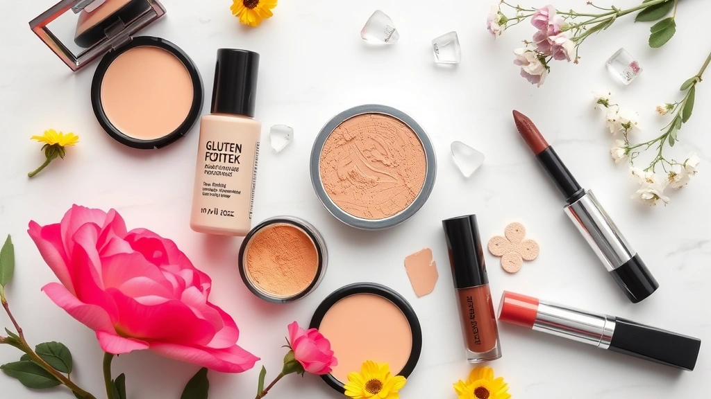 Flat lay of multiple gluten-free makeup products including liquid foundation, powder, mascara, and lipstick arranged on a clean white marble surface with fresh botanicals