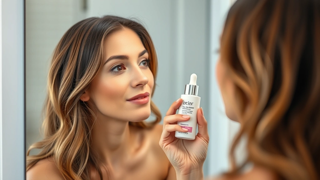 Woman with sensitive, clear skin looking at her reflection in a mirror, holding a bottle of gluten-free primer, demonstrating skincare routine satisfaction