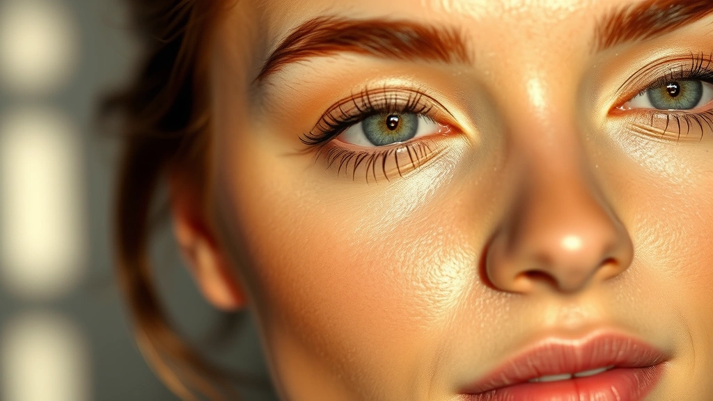 Close-up of dewy, glowing skin with natural makeup application showcasing foundation blend and luminous finish, professional lighting highlighting skin texture and radiance