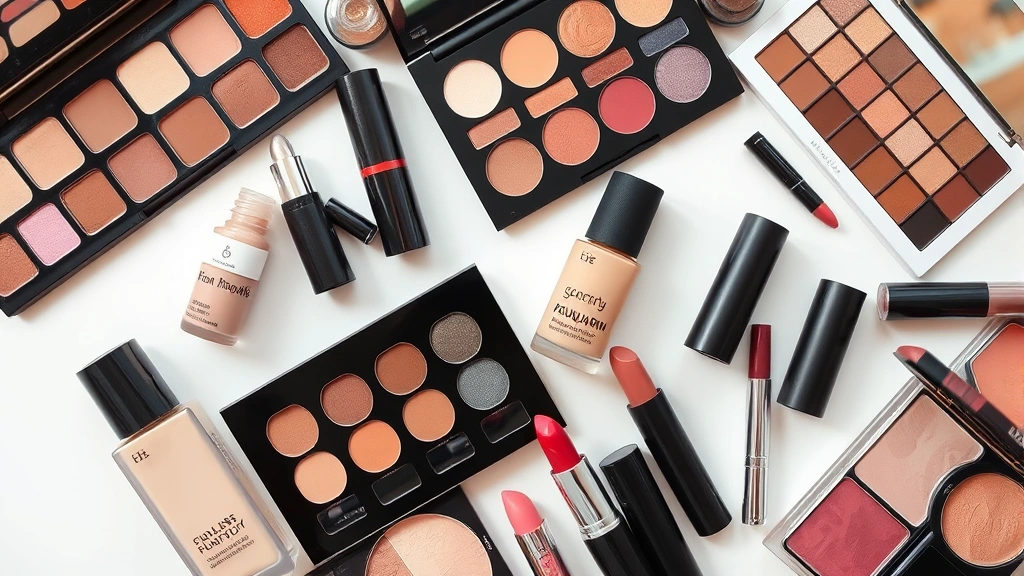 Flat lay arrangement of colorful cosmetic products including foundation bottles, eyeshadow palettes, and lip products in organized composition with soft natural lighting
