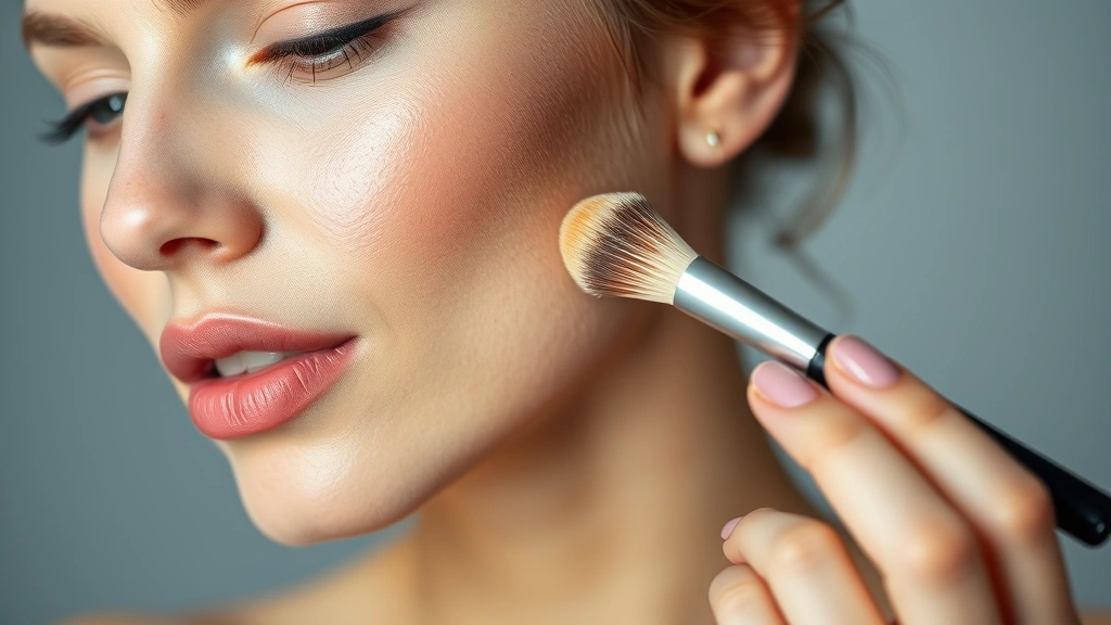Woman applying makeup with brush to cheek, showing blending technique and product texture, professional beauty photography with focus on application and skin compatibility