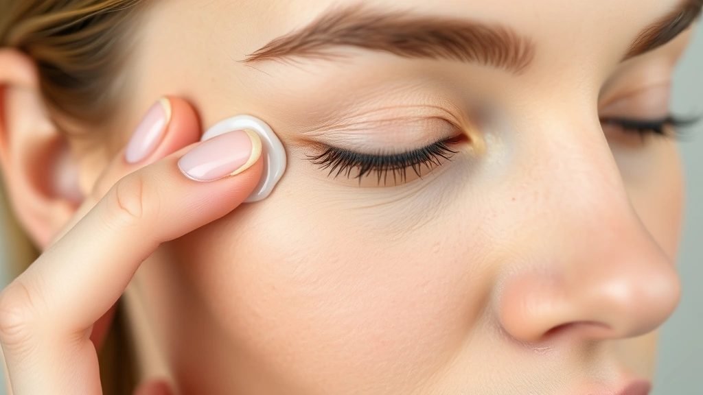 Close-up of woman applying eye cream to under-eye area with gentle patting motions using ring finger, showing proper application technique with damp skin