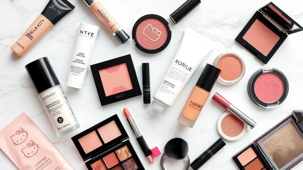 Flatlay arrangement of beauty essentials including primers, foundations, concealers, blushes, and eye shadows in various textures and finishes, arranged on marble surface with Hello Kitty aesthetic