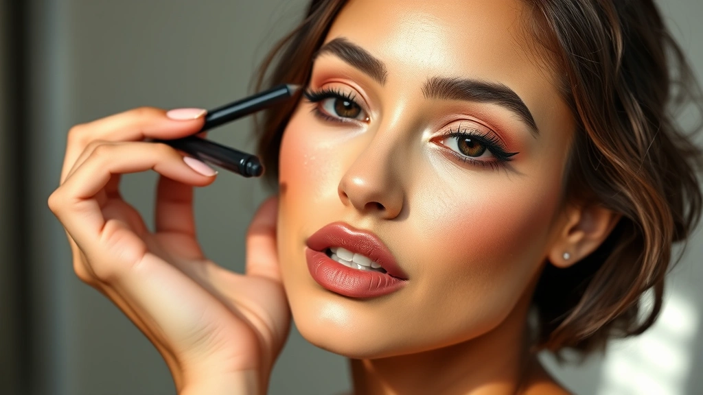 Portrait of person with professionally applied makeup including foundation, blush, eye shadow, eyeliner, and lipstick, demonstrating finished look created using cosmetic pouch essentials, natural lighting