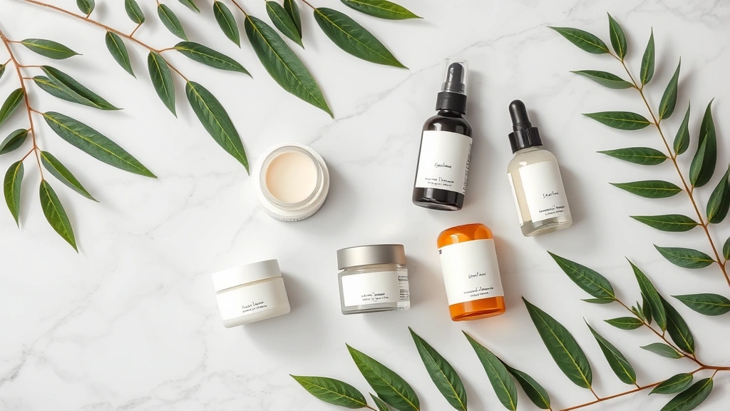 Flat lay arrangement of minimalist cosmetic jars and bottles on marble surface with green botanical leaves, clean aesthetic, professional beauty product styling, natural daylight