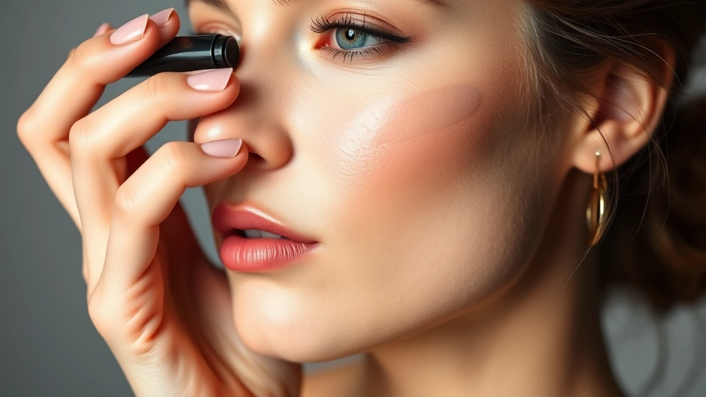 Woman's hand holding premium concealer pen with visible coverage on cheek area, showcasing flawless skin texture, professional makeup application, studio lighting with soft shadows