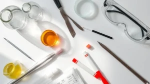 Close-up overhead view of organized cosmetic disassembly tools including glass beakers, stainless steel spatulas, pH strips, and safety goggles arranged on white surface with soft natural lighting