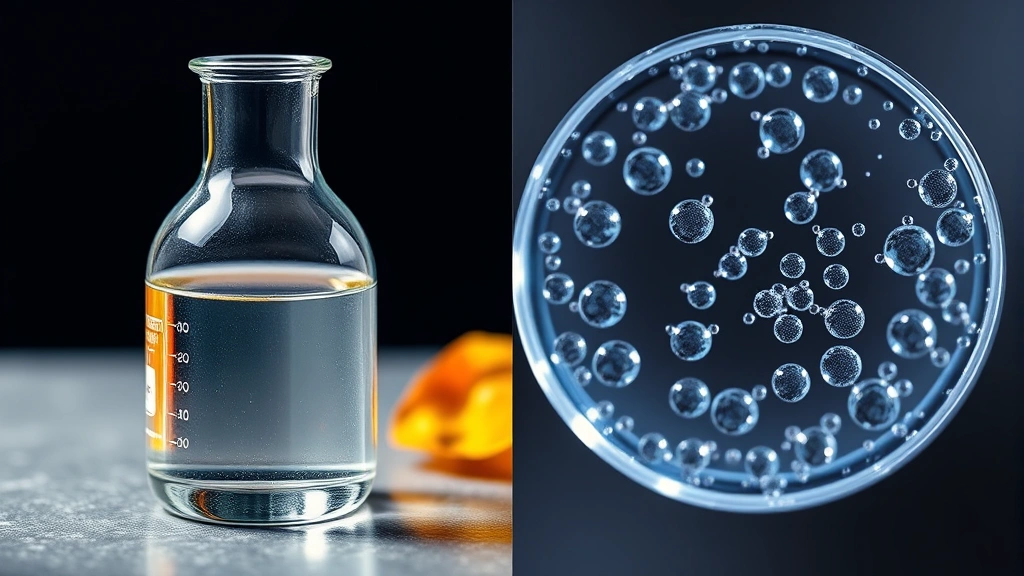 Split-screen comparison showing separated cosmetic phases: left side displays clear oil and water layers in glass beaker, right side shows microscopic view of emulsion droplet distribution with professional lighting