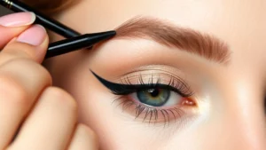 Close-up of a makeup artist applying black Inglot eyeliner to a model's upper lash line with a fine-tipped brush, showing the smooth glide and precision control of the product on fair skin