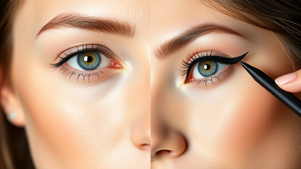 Before-and-after comparison showing a woman's eye with no eyeliner on the left side and a perfectly defined eye with Inglot eyeliner creating a sharp, precise line on the right side, demonstrating color payoff and longevity