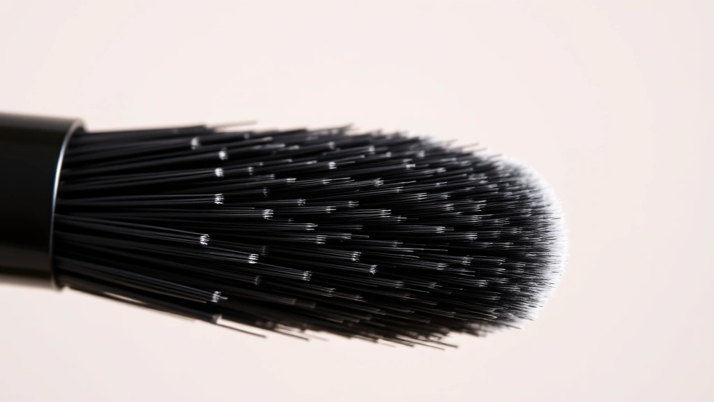 Close-up of densely packed synthetic makeup brush bristles showing texture and quality, held at angle against neutral background, professional beauty photography