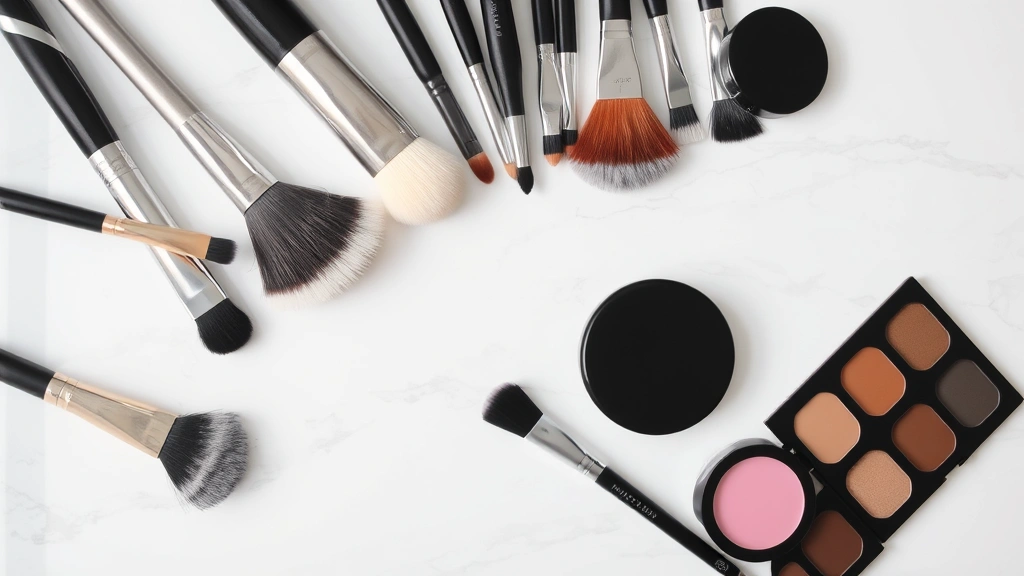 Organized collection of various makeup brushes including blending, contour, and powder brushes arranged artistically on marble surface with subtle shadows, clean aesthetic