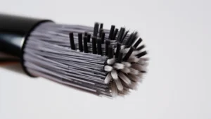 Close-up of synthetic brush bristles showing tapered tips and dense fiber arrangement, held at angle against neutral background, professional makeup lighting