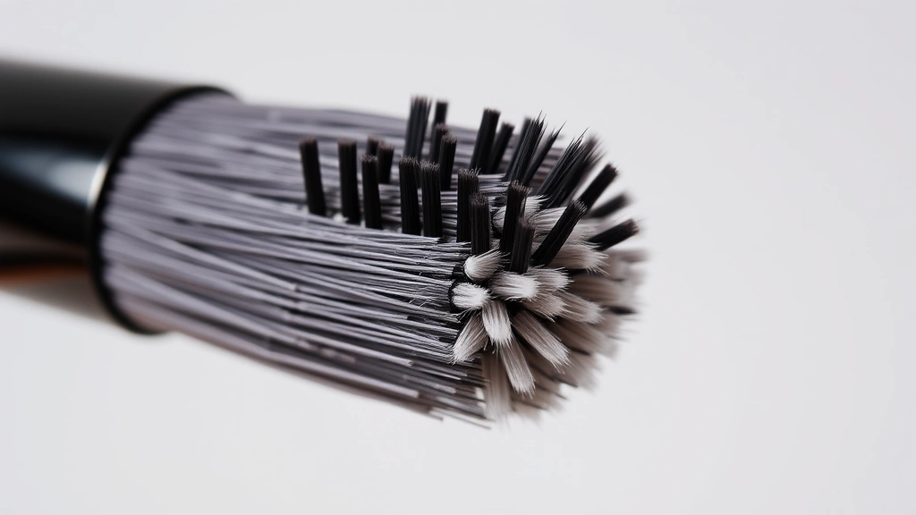 Close-up of synthetic brush bristles showing tapered tips and dense fiber arrangement, held at angle against neutral background, professional makeup lighting