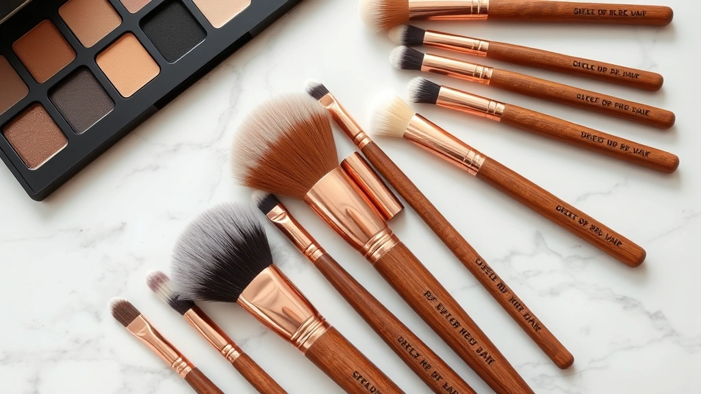 Flat lay arrangement of multiple makeup brushes with wooden handles and rose gold ferrules on marble surface, various sizes displayed, soft natural lighting