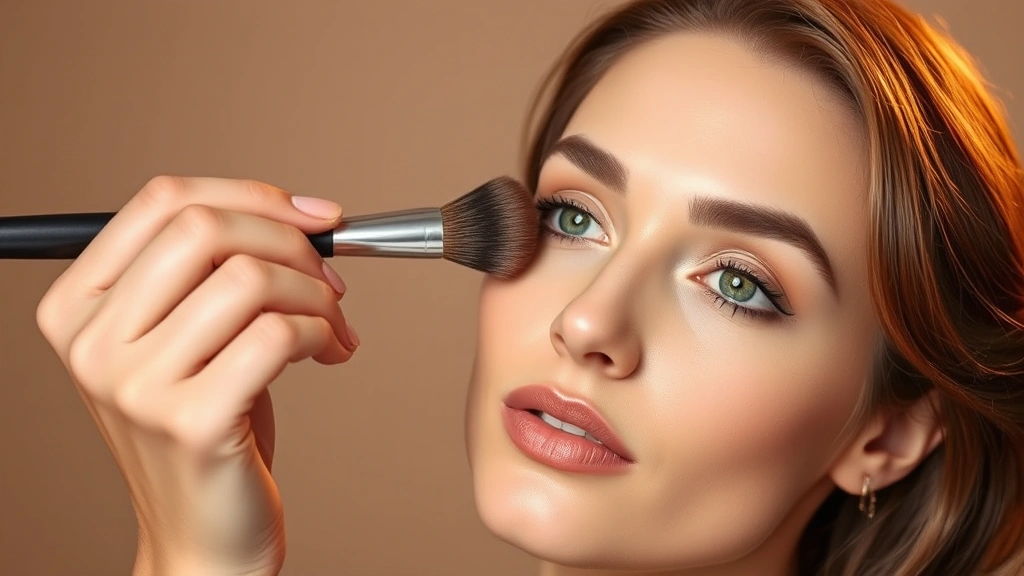 Woman applying foundation makeup with professional brush to face, demonstrating seamless blending technique, clear skin visible, warm studio lighting
