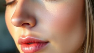 Close-up of dewy, luminous complexion with natural skin texture visible, professional makeup application, soft natural lighting, no visible pores, light reflection on cheekbones