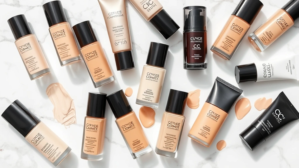 Flat lay of multiple foundation bottles and CC cream tubes in various shades ranging from light to deep, arranged on white marble surface, professional product photography, natural daylight