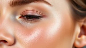 Close-up of a dewy, glowing complexion with liquid highlighter applied to cheekbones and brow bones, natural daylight, photorealistic skin texture, no makeup visible except luminous glow